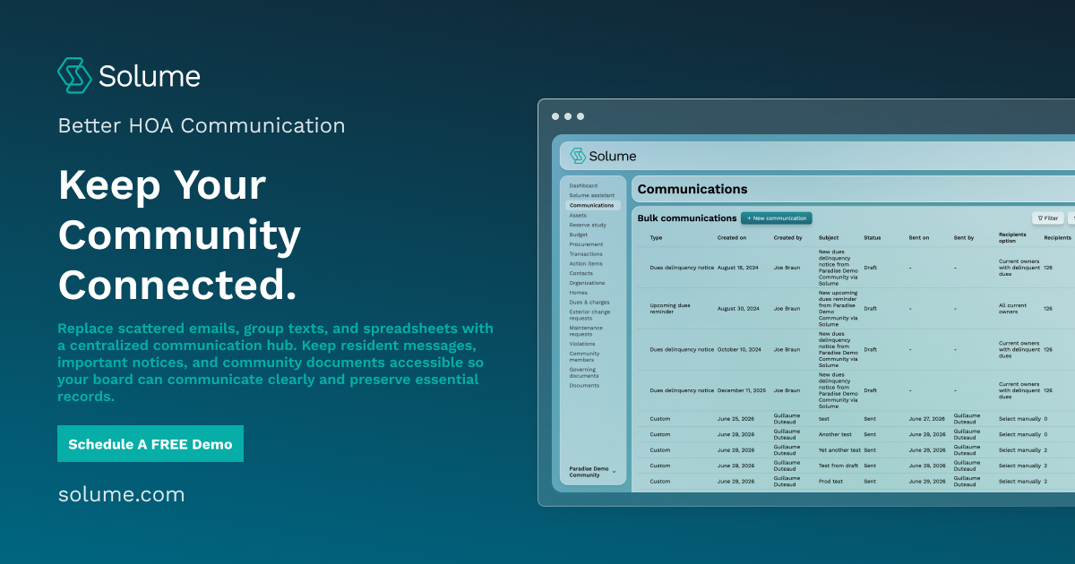 Solume HOA management dashboard displaying communication and community management tools for organizing resident messages, announcements, and important community records.