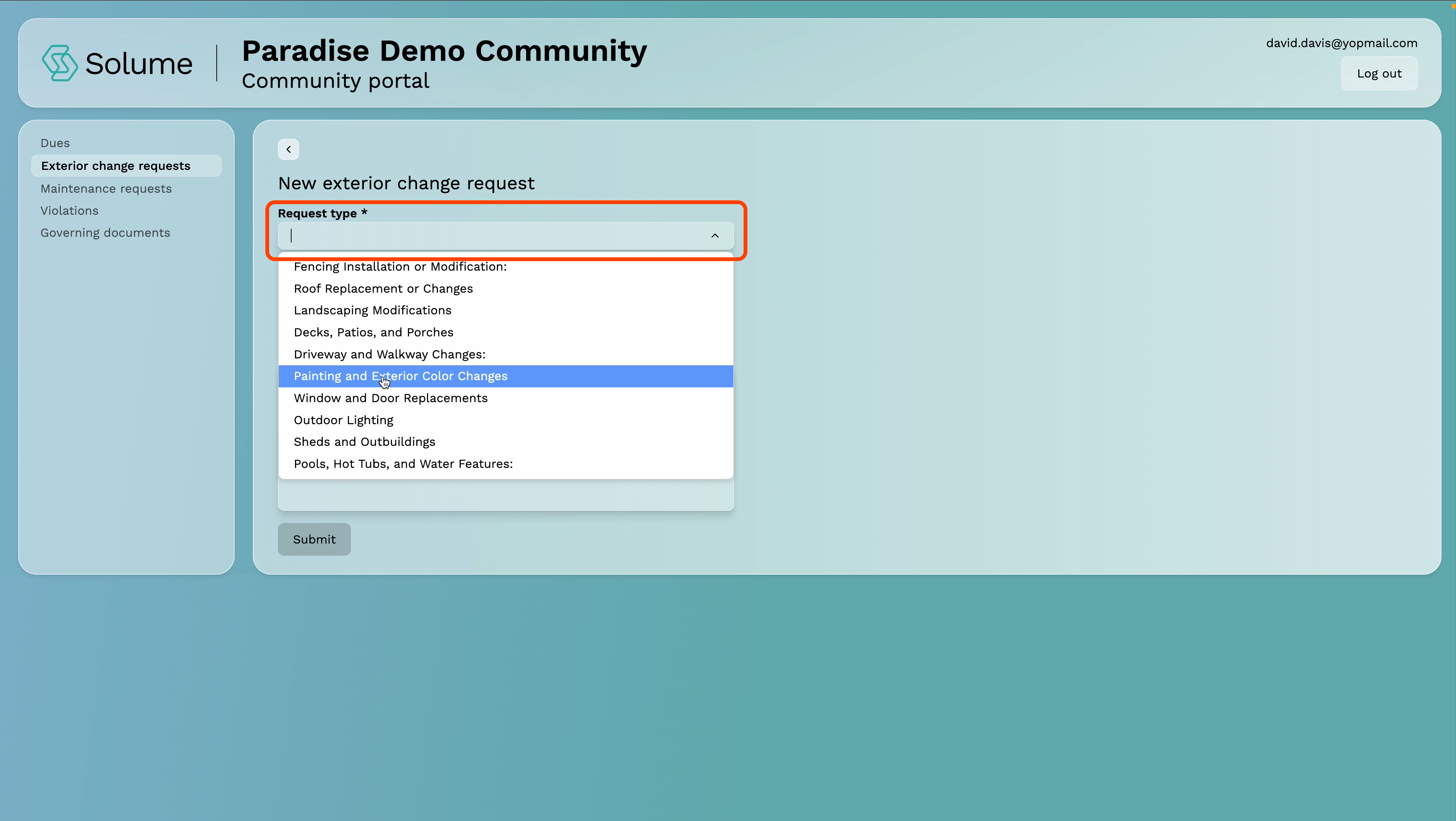A screenshot highlighting the Request Type selection on the home owner portal of Solume.
