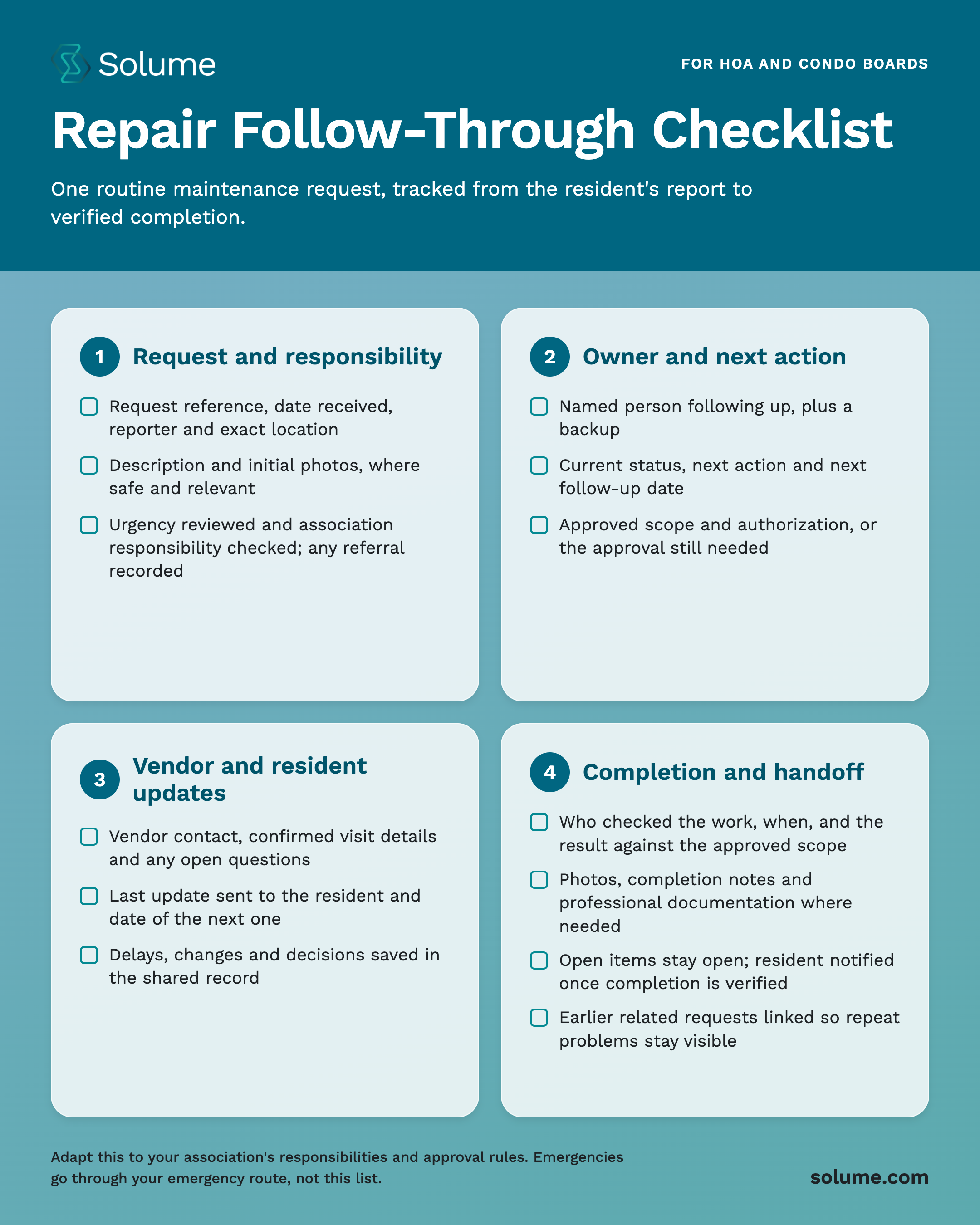 Repair follow-through checklist covering request details, ownership, vendor and resident updates, and verified completion.