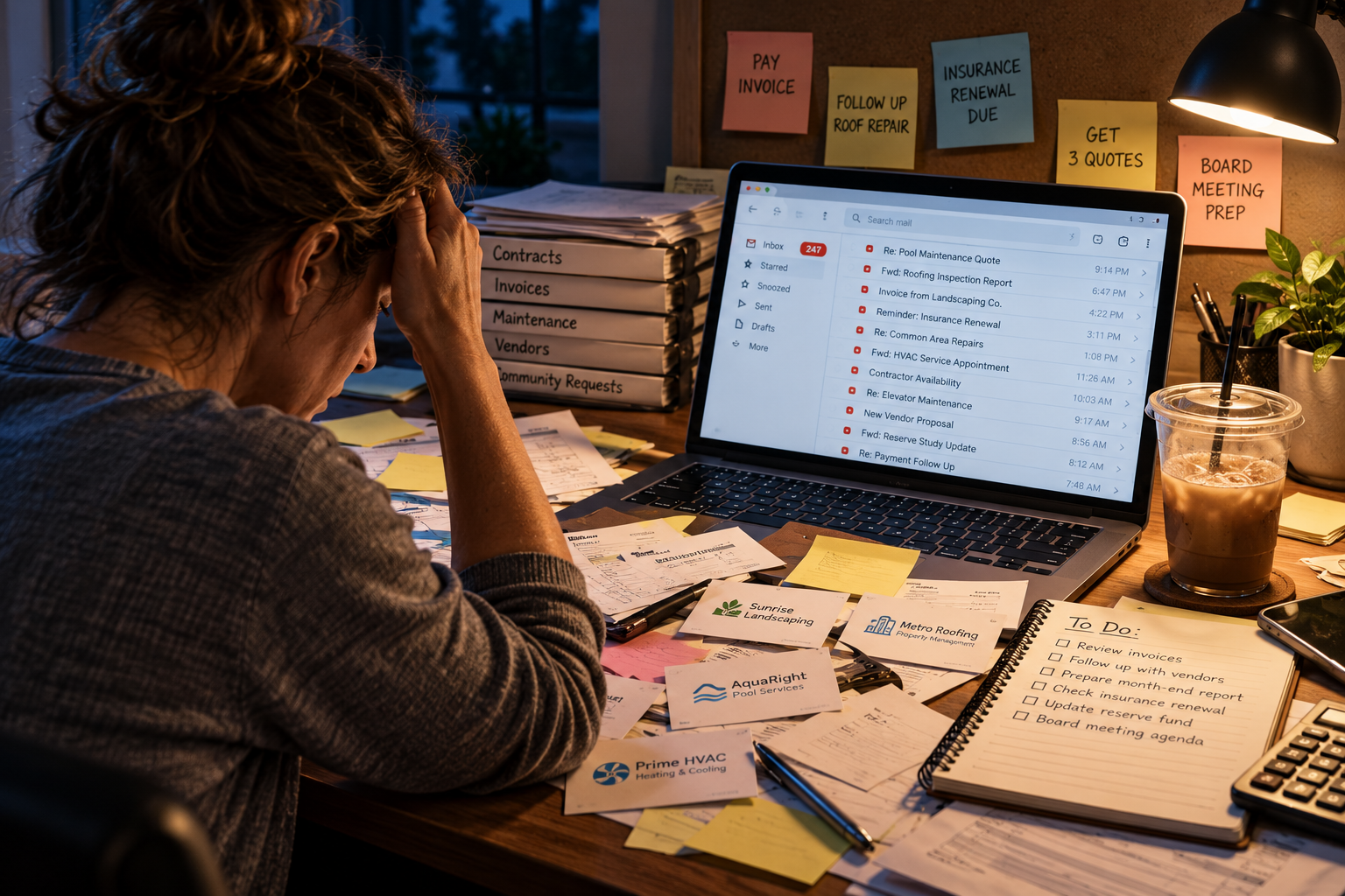 Stressed HOA treasurer working late at a cluttered home desk, surrounded by sticky notes, vendor cards, paperwork, and an overflowing email inbox on a laptop.