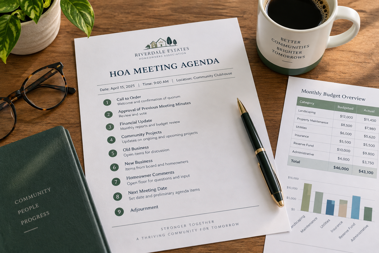 Overhead view of an HOA meeting agenda on a wooden table with a pen, reading glasses, coffee mug, and partially visible financial budget spreadsheet.