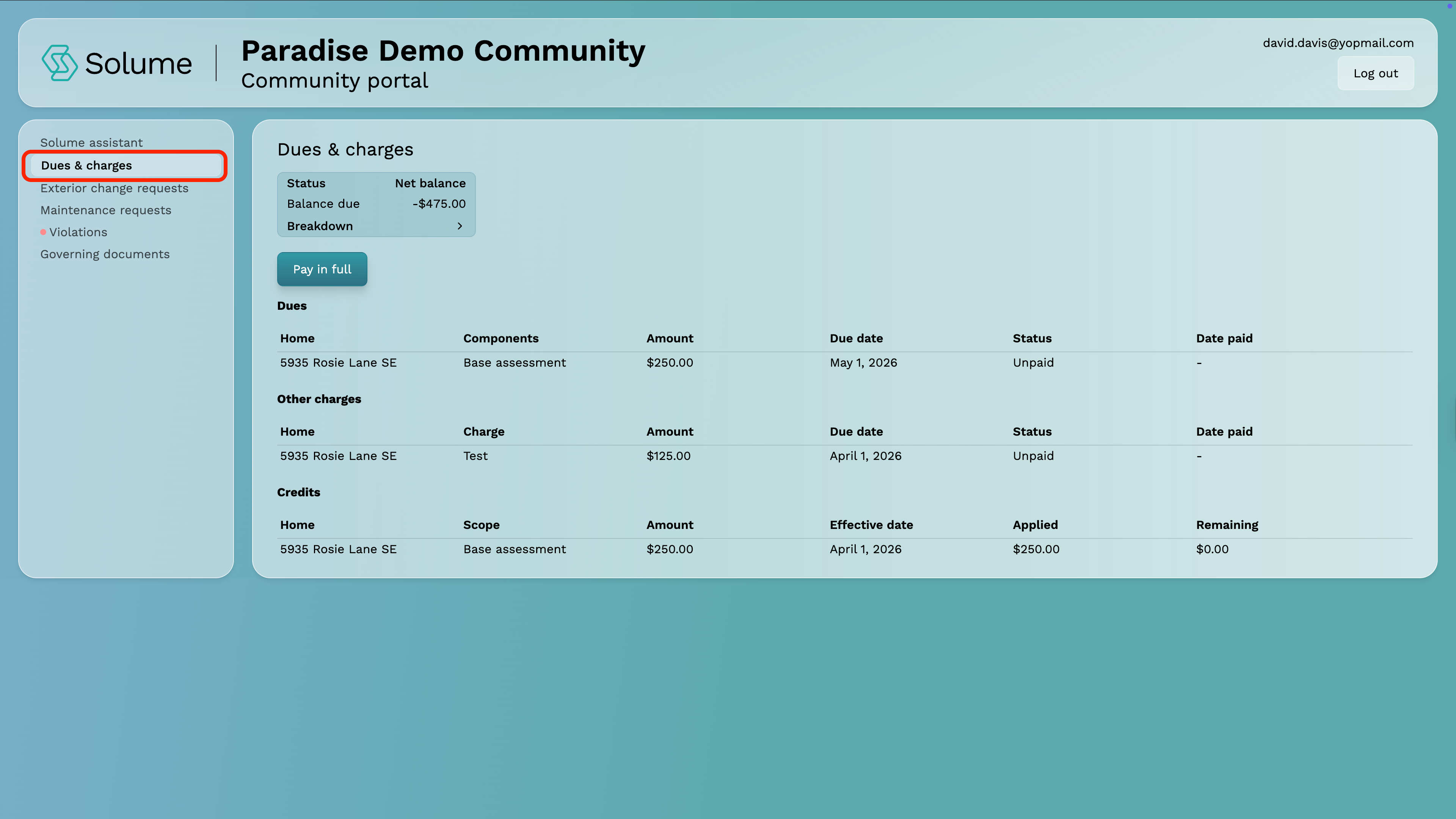 A screenshot of the owner portal for Solume.