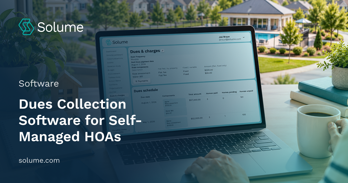 Laptop displaying Solume’s dues schedule detail dashboard with HOA assessments, payment statuses, and resident balances on a tidy desk overlooking a landscaped residential community.