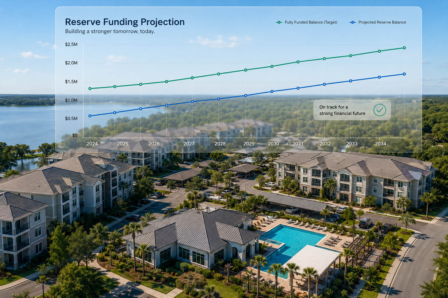 Aerial view of a well-maintained condominium community with residential buildings, a clubhouse, swimming pool, roads, and landscaped grounds, overlaid with a transparent reserve funding projection graph illustrating long-term financial planning.