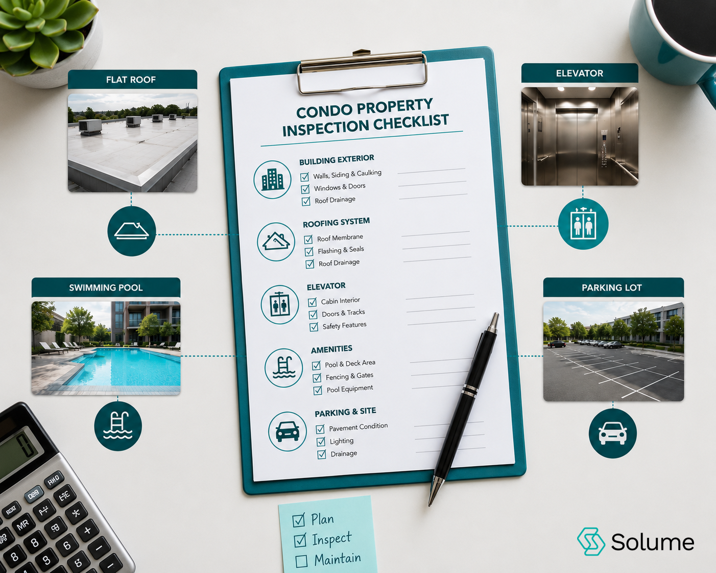 Condo property inspection checklist surrounded by photos and icons of a flat roof, elevator, swimming pool, and parking lot.