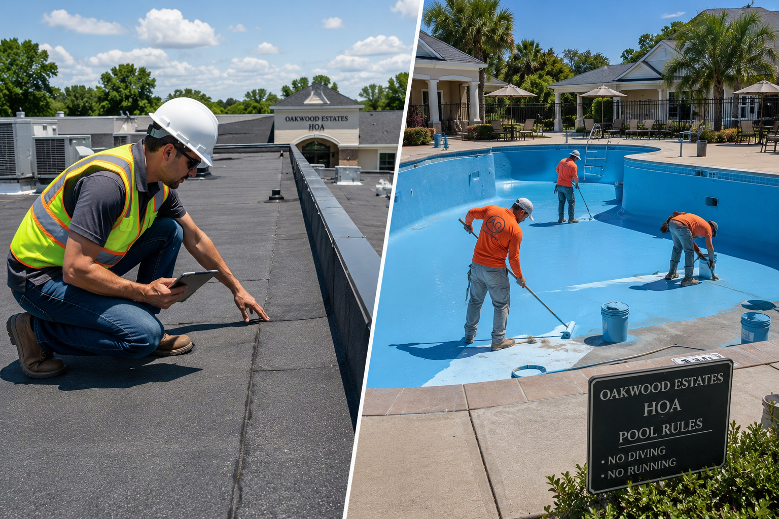 Split-scene collage showing an HOA maintenance worker inspecting a flat commercial roof on one side and a crew resurfacing a community swimming pool on the other, highlighting major reserve fund maintenance projects in bright daylight.