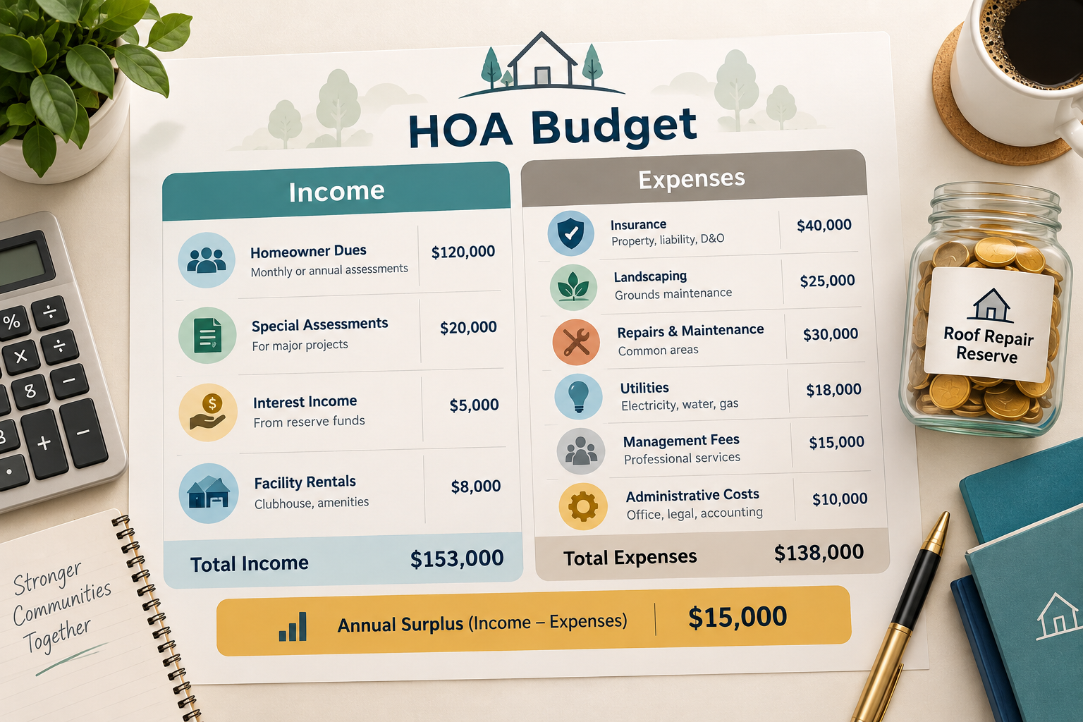 Minimalist HOA budget infographic showing income and expense categories, including homeowner dues, insurance, landscaping, repairs, and a roof repair reserve.