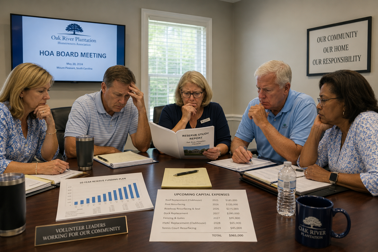 Volunteer HOA board members in a South Carolina community meeting room review financial reports and a reserve study document around a conference table. The group appears concerned as they discuss upcoming capital expenses, with charts, budgets, and planning documents spread across the table.