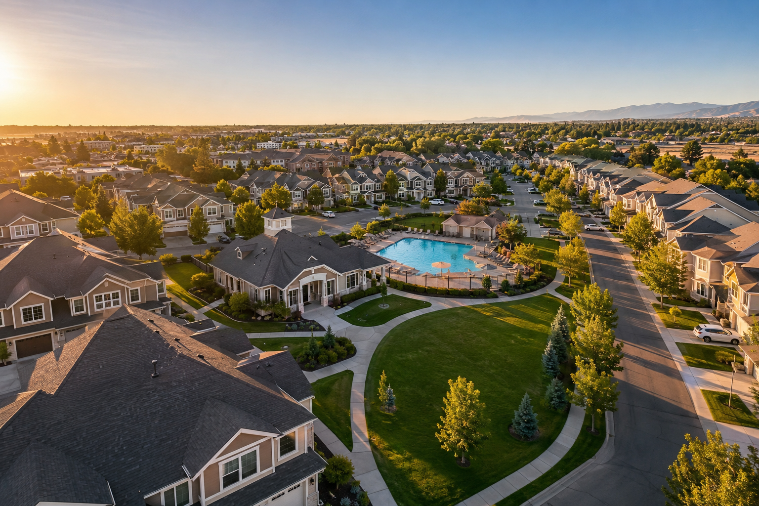 Aerial view of a well-maintained suburban HOA community at golden hour, featuring rows of townhomes with clean roofs, a central clubhouse, a community pool, landscaped green spaces, and tree-lined streets under a clear blue sky.