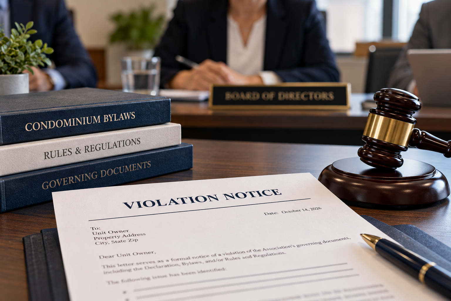 Condominium violation notice beside a wooden gavel and governing documents on a desk, with HOA board members meeting in the background.