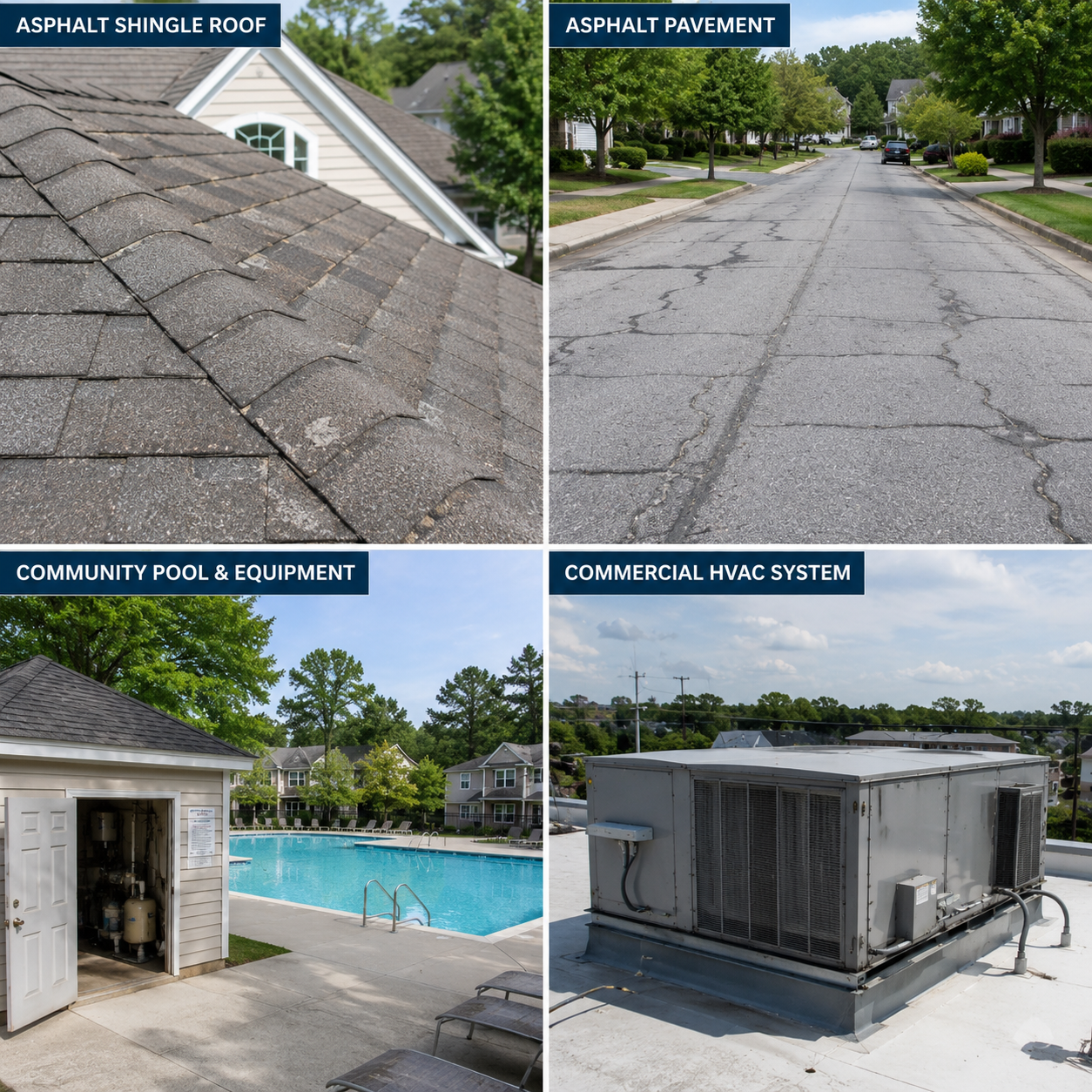 Composite image showing four common HOA reserve components: an asphalt shingle roof with light wear, a residential street with minor pavement cracks, a community pool and equipment room, and a rooftop commercial HVAC unit.