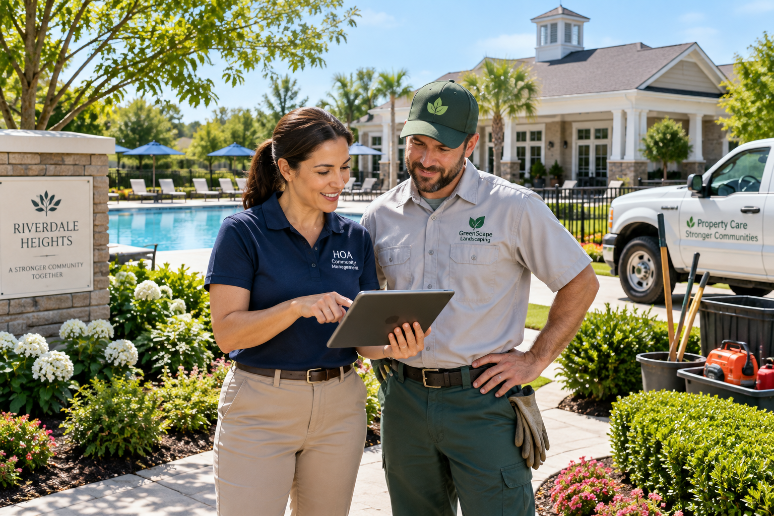 HOA maintenance coordinator and landscaping vendor reviewing a tablet checklist beside a community clubhouse and pool, with a service truck and landscaping tools nearby.