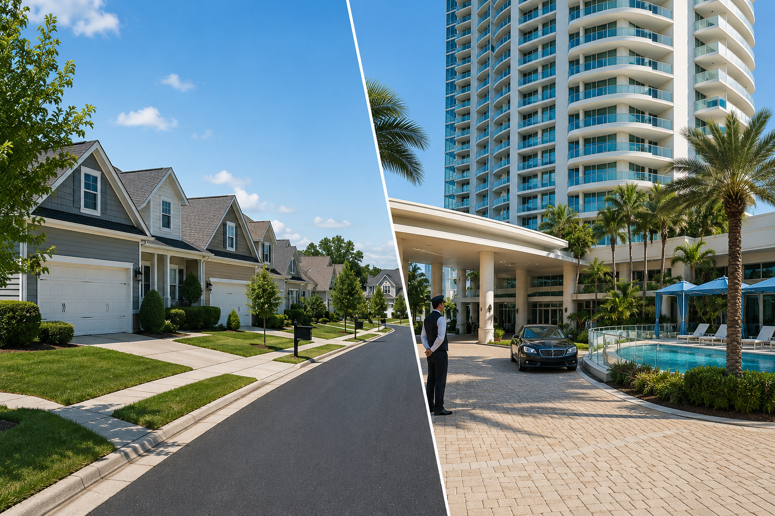 Split-screen view of a well-maintained single-family HOA neighborhood and a luxury high-rise condominium with a pool, palms, and concierge.