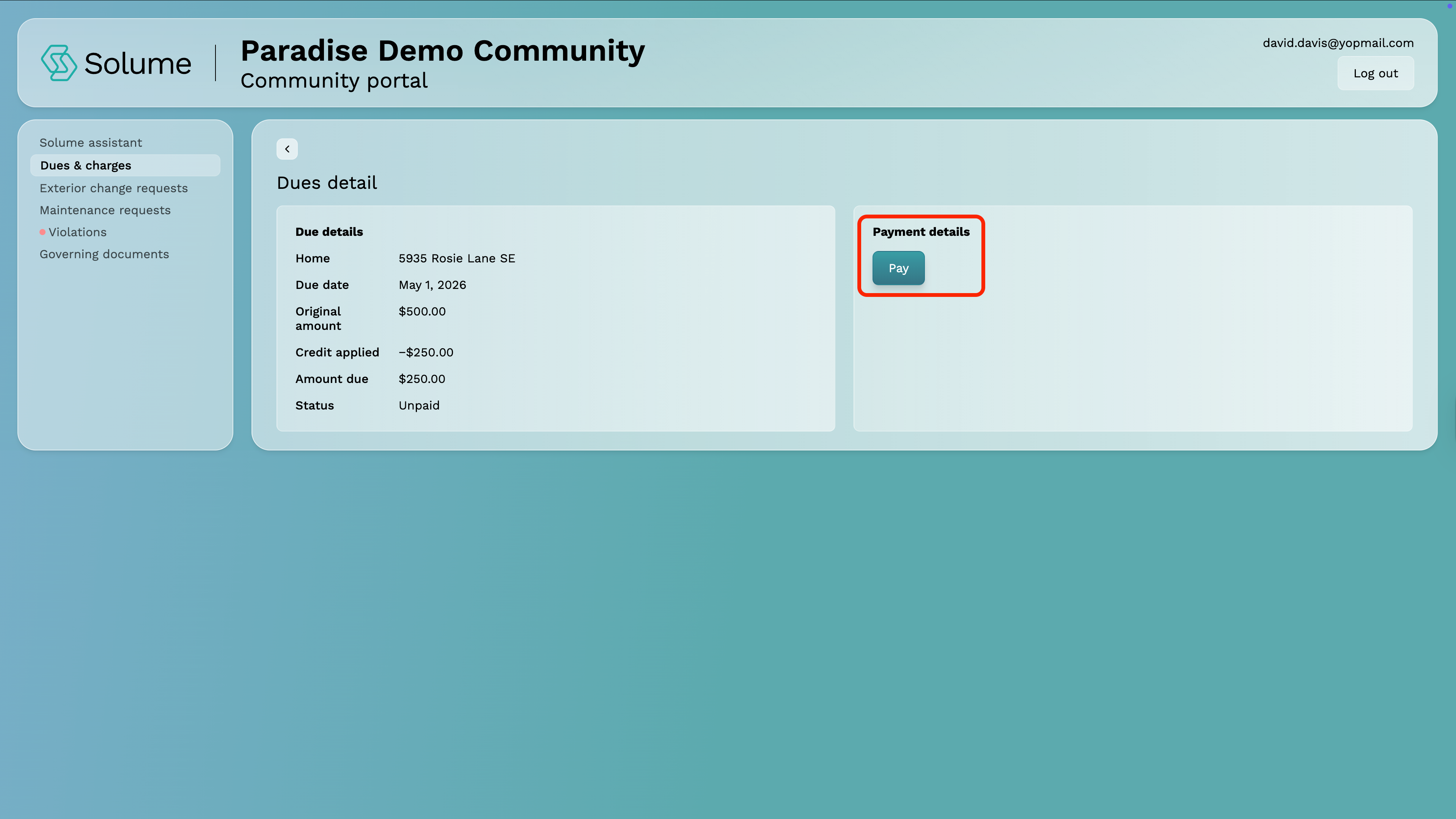 A screenshot of the "pay" button within the owner portal of Solume.