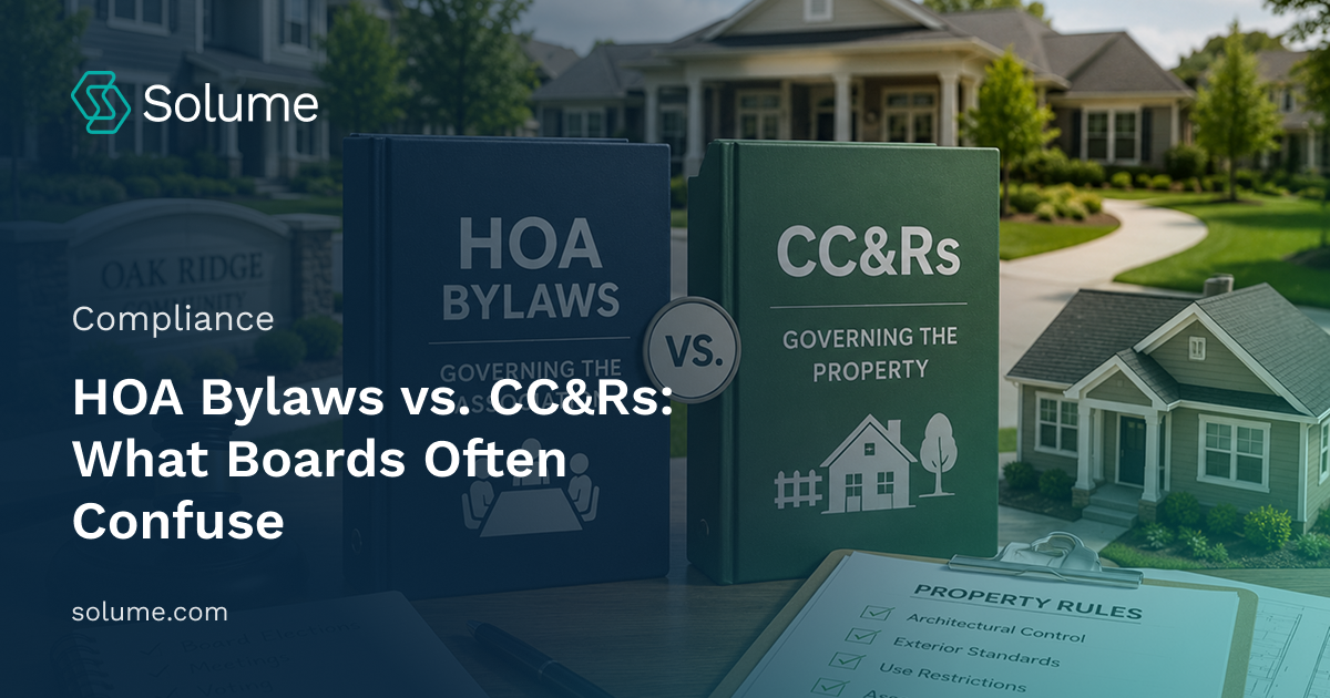 HOA comparison scene featuring two binders labeled “HOA Bylaws” and “CC&Rs,” with a suburban community, gavel, and property rules documents in the background.
