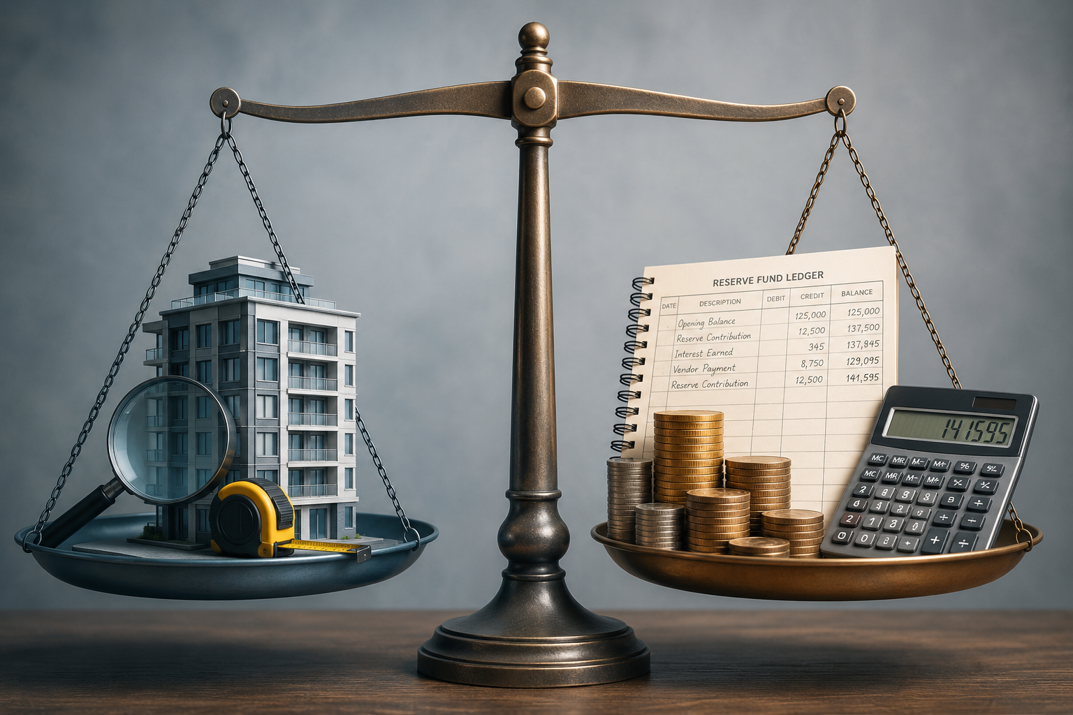 A balanced scale in a studio setting compares a miniature building with inspection tools on one side against coins, a financial ledger, and a calculator on the other, symbolizing the balance between building condition and financial planning.