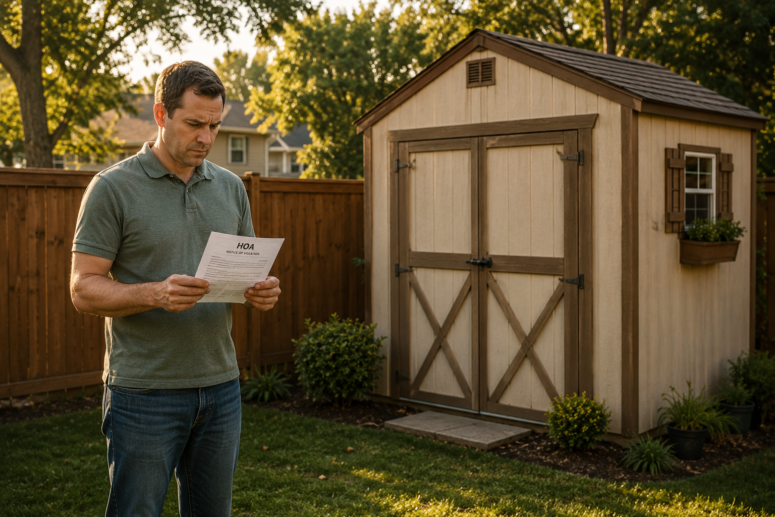 Homeowner holding an HOA notice beside a pre-existing wooden garden shed in a fenced backyard, looking concerned in warm late-afternoon light.