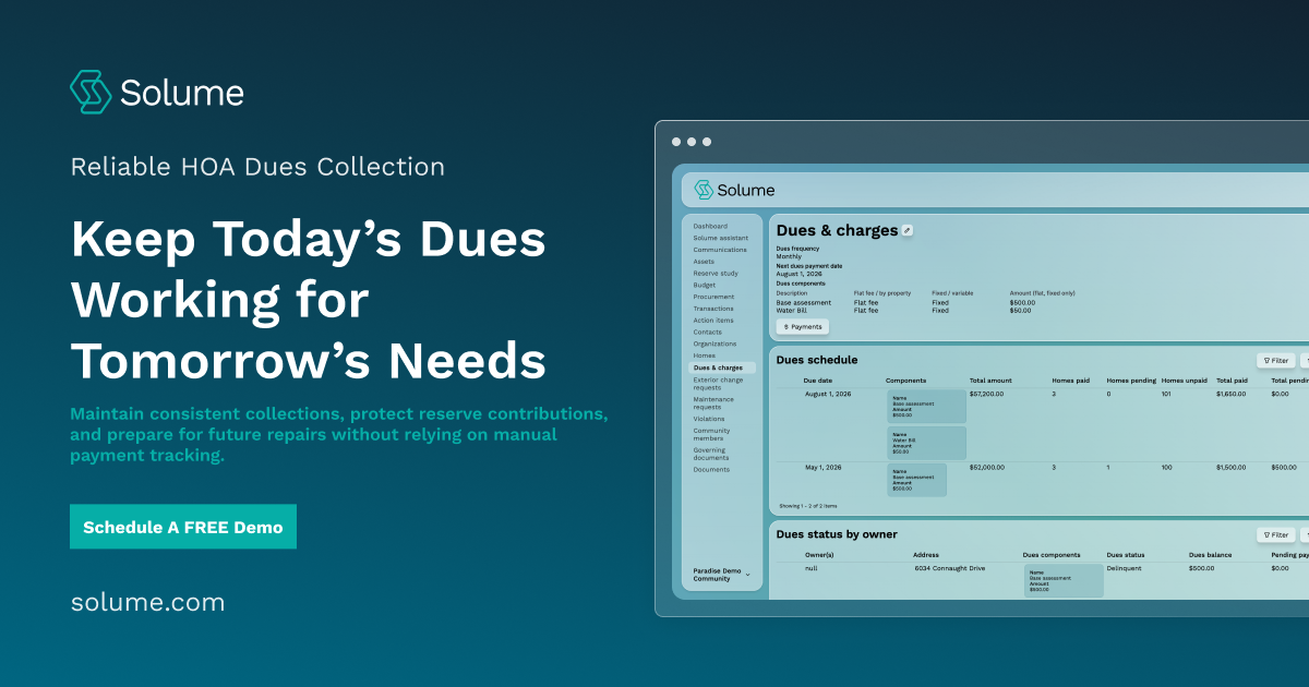 Solume HOA dues management dashboard displaying recurring payment schedules, homeowner balances, paid and unpaid dues, and payment status.