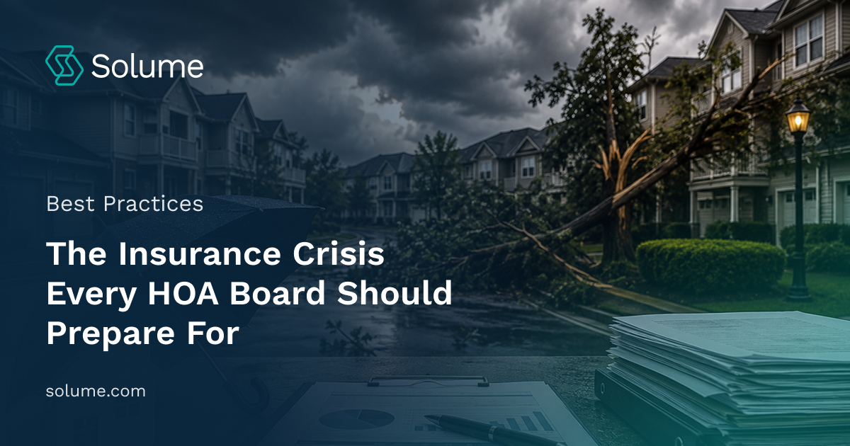 Storm-damaged townhouse community with fallen trees, rain-soaked streets, and insurance documents in the foreground, illustrating the risks facing HOA properties.