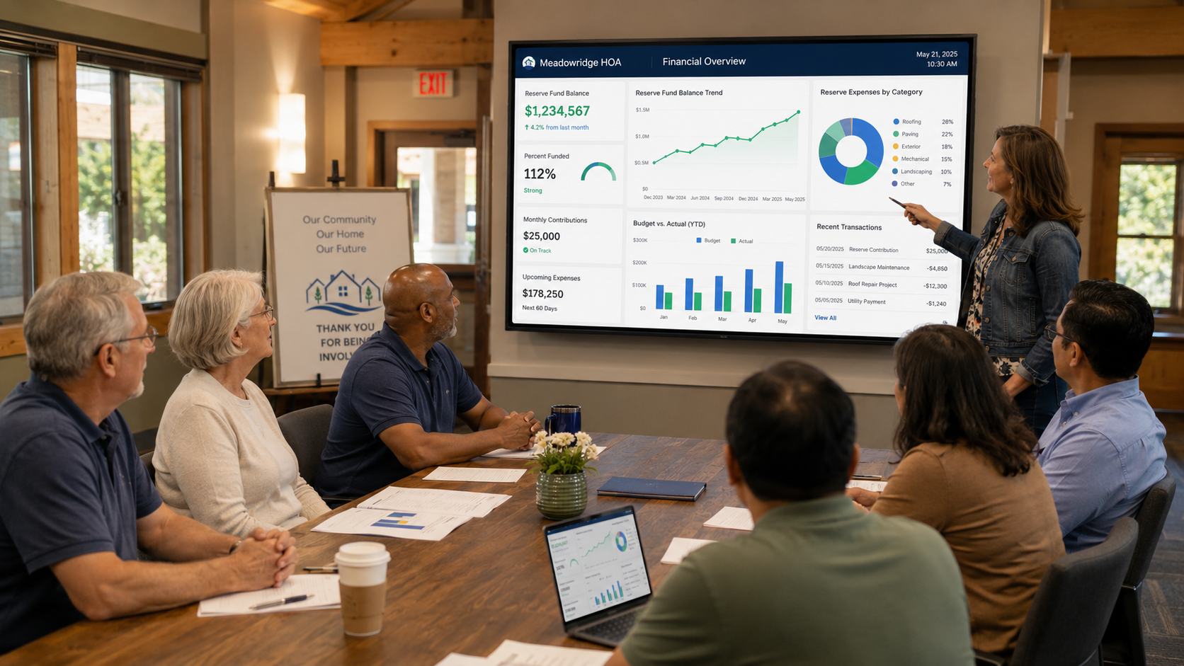 A diverse group of HOA board members and homeowners meet in a bright community room, reviewing a large digital dashboard displaying reserve fund balances, financial charts, and budget information during a collaborative discussion.