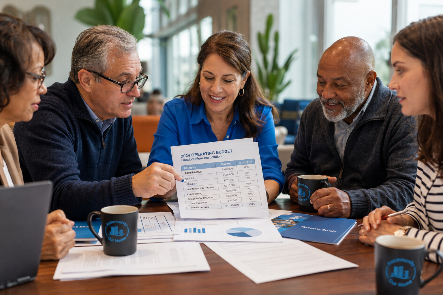 Condo owners and board members reviewing an operating budget together, with a board member pointing to the insurance line item on a printed spreadsheet.