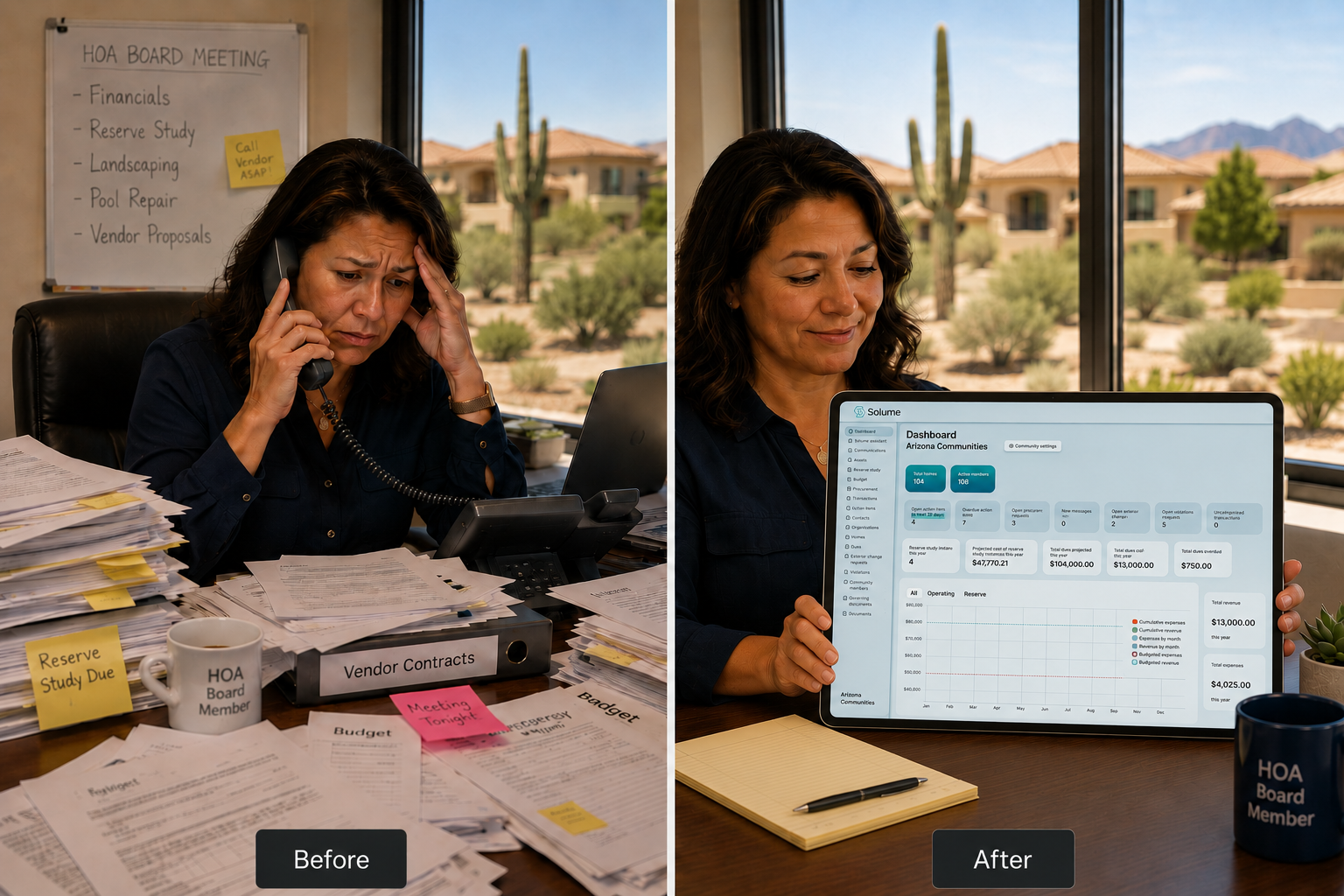 Split-screen image showing an overwhelmed HOA board member handling paperwork and phone calls on one side, contrasted with the same person calmly using a tablet-based HOA dashboard on the other, with an Arizona desert community visible through large windows.