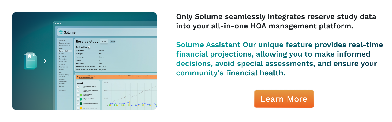 Screenshot of Solume’s reserve study feature showing real-time financial projections and alerts for HOA budget planning.