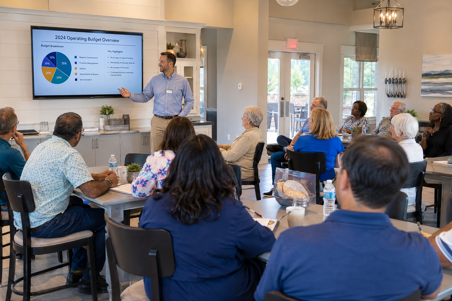 Diverse group of residents attending a community meeting in a clubhouse while a board member presents a budget presentation on a screen and attendees take notes.