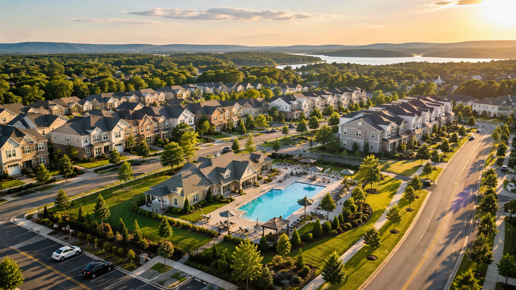 Aerial view of a well-maintained suburban community with townhomes, tree-lined streets, landscaped lawns, and a shared swimming pool at golden hour.