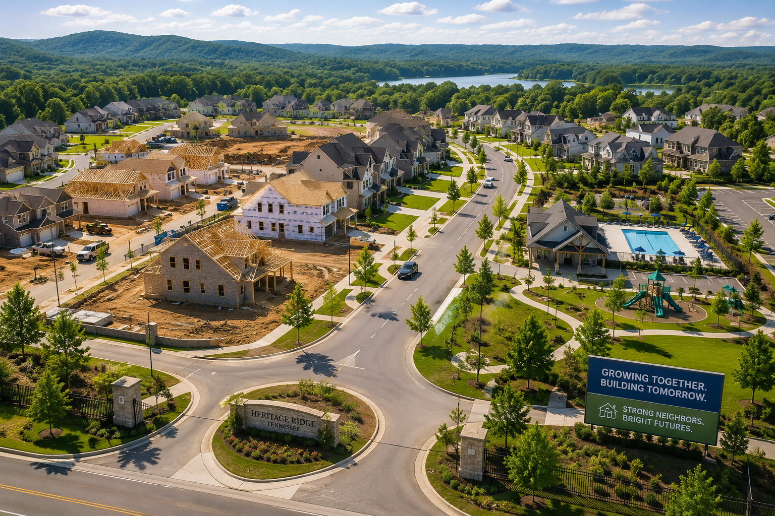 Aerial view of a growing Tennessee suburban neighborhood with newly built homes, houses under construction, tree-lined streets, and community amenities including a pool and playground.
