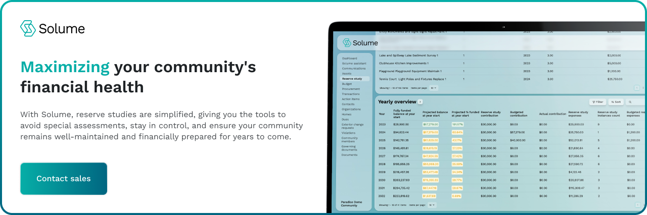A graphic showcasing Solume's Reserve Study dashboard. A contact us button is included.