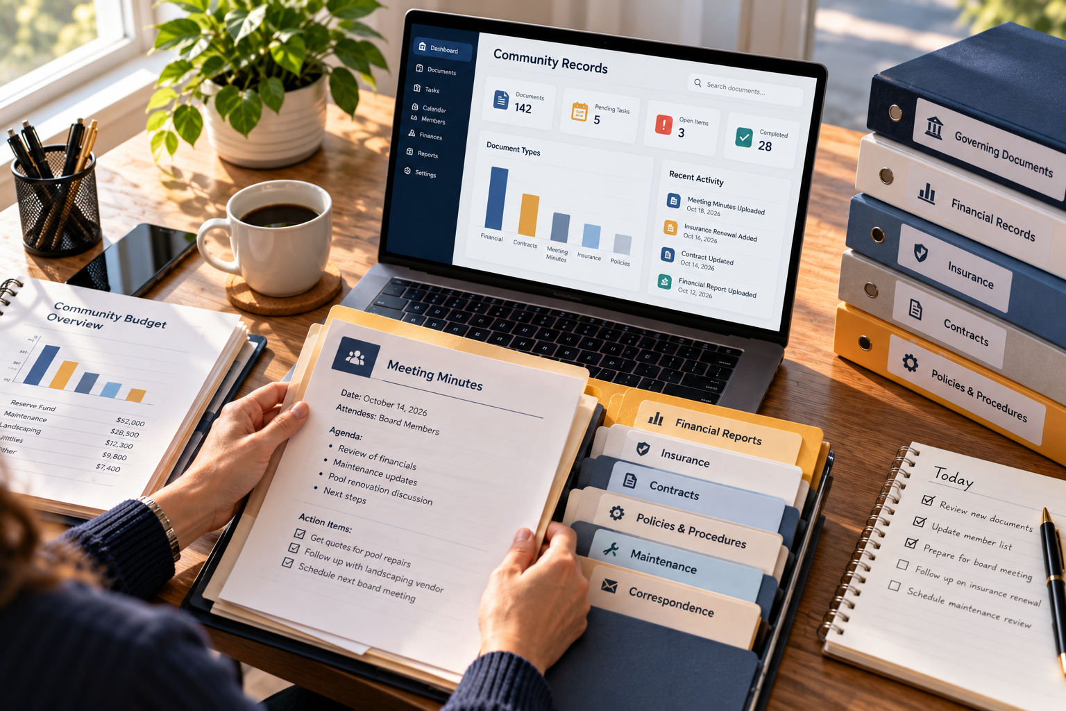 HOA board member organizing community records and meeting minutes beside a laptop displaying Solume’s communications dashboard.