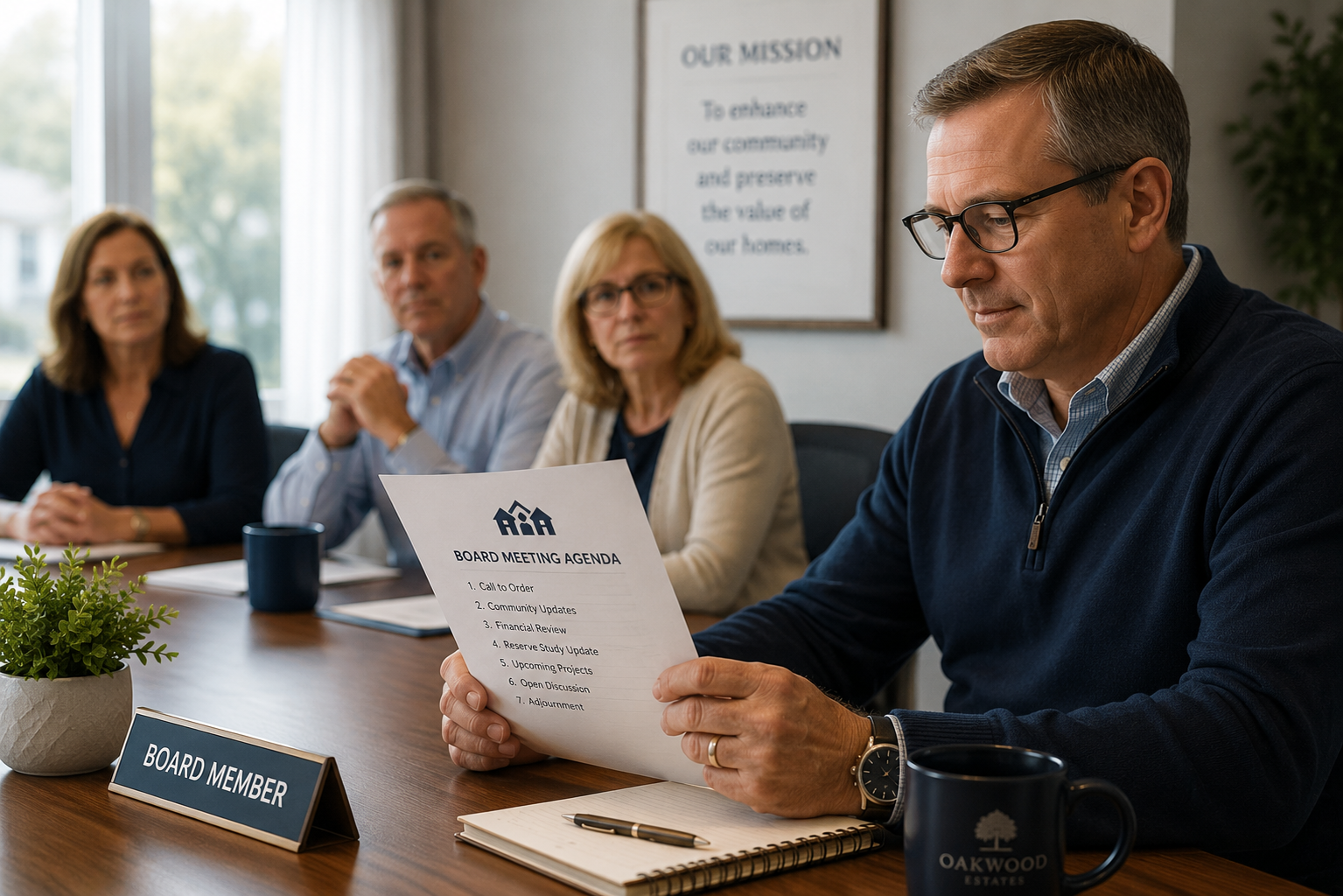 A board member reviews a printed meeting agenda while fellow HOA board members sit in the background, reflecting thoughtful preparation and collaborative decision-making.