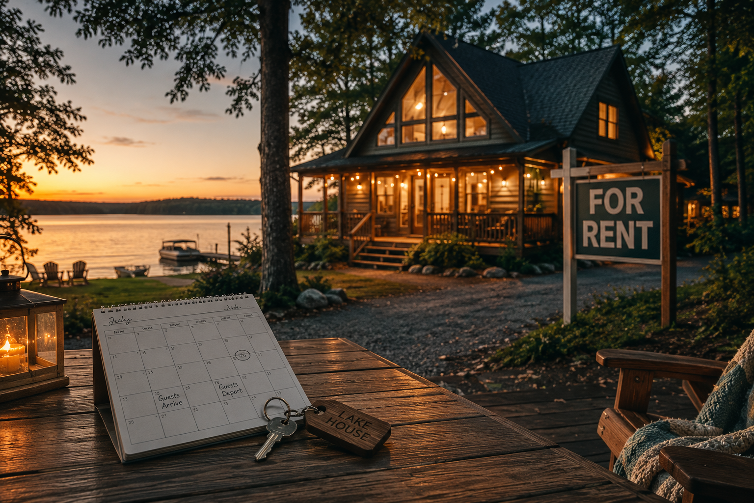 Cozy lakeside vacation cabin with a For Rent sign, booking calendar, and keys on a wooden table at sunset.