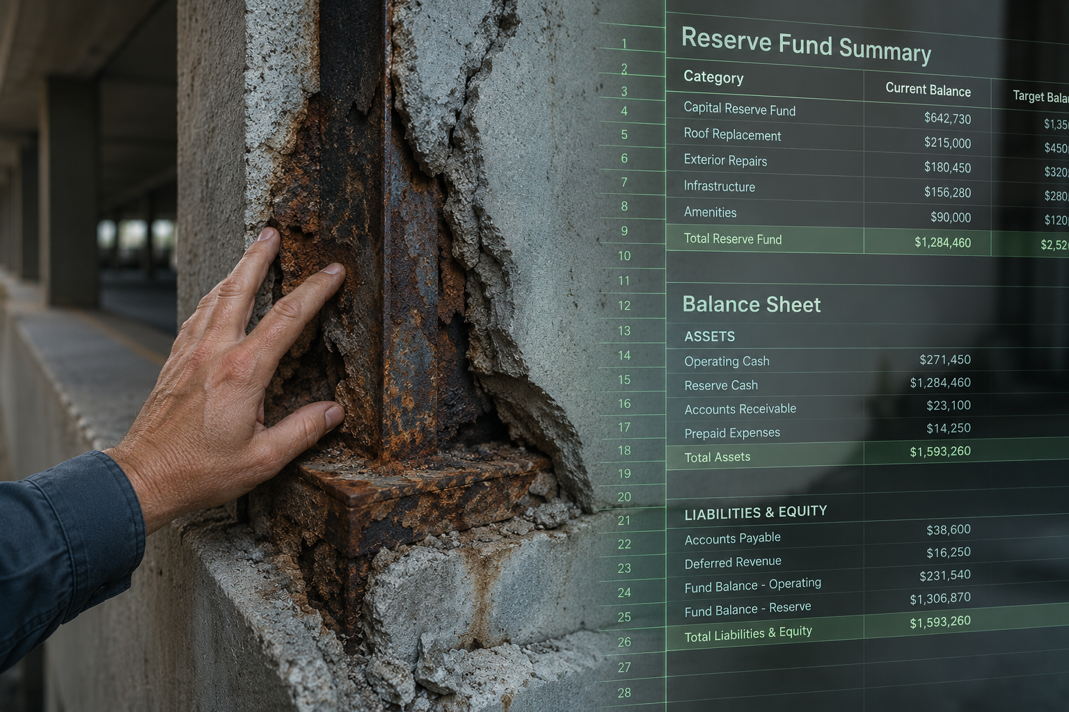 Close-up of a hand inspecting a corroded steel support beam embedded in cracked concrete, with a translucent balance sheet and spreadsheet overlay illustrating the financial analysis behind structural deterioration.