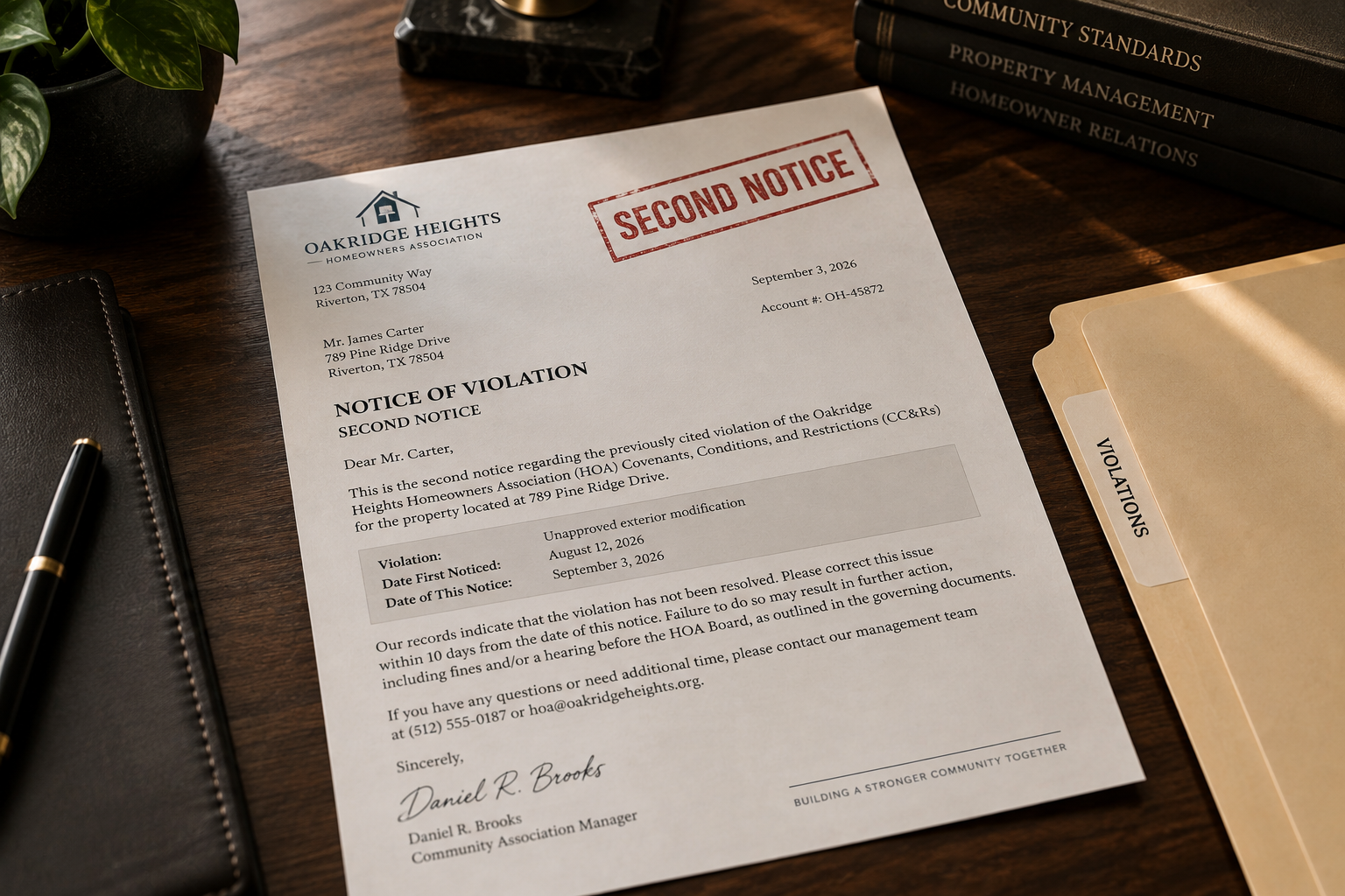 Formal HOA violation notice with a visible red “SECOND NOTICE” stamp on a dark walnut desk beside a manila folder and pen, with dramatic side lighting.