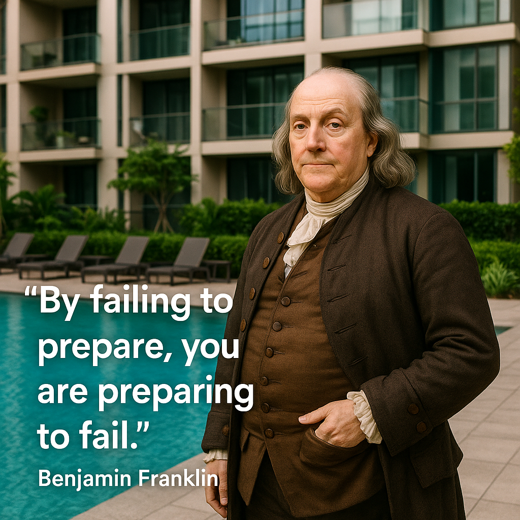 Benjamin Franklin standing by a modern condo pool with the quote 'By failing to prepare, you are preparing to fail' – emphasizing the importance of proactive planning for HOA and condo communities with Solume.