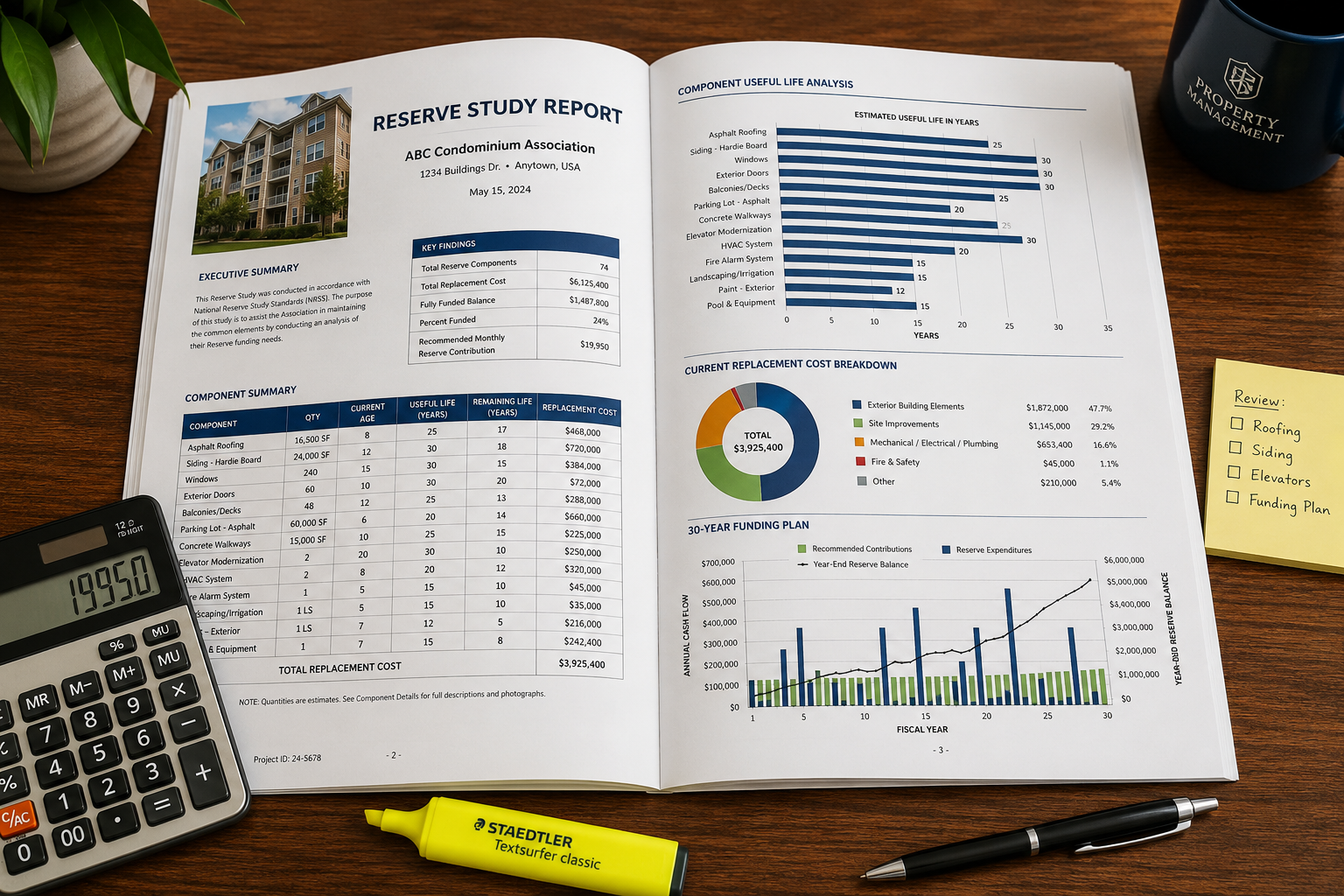 Open reserve study report displayed on a desk, featuring charts of component useful life, replacement cost summaries, reserve fund balances, and a 30-year funding plan. A calculator, highlighter, notebook, and financial planning documents surround the report, illustrating long-term HOA reserve planning and budgeting.