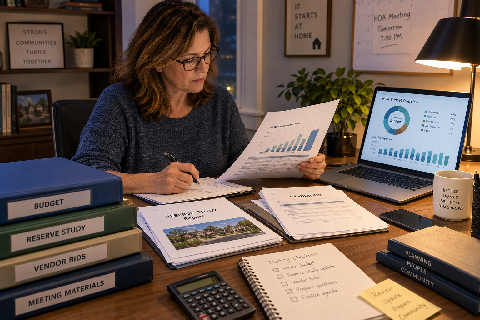 HOA treasurer organizing reserve study reports, vendor bids, folders, and budget documents at a home desk while reviewing a budget dashboard on a laptop.
