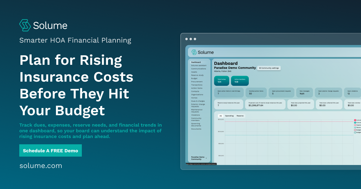 Solume HOA financial dashboard displaying projected reserve costs, dues, expenses, and financial trends to help boards plan for rising insurance costs.
