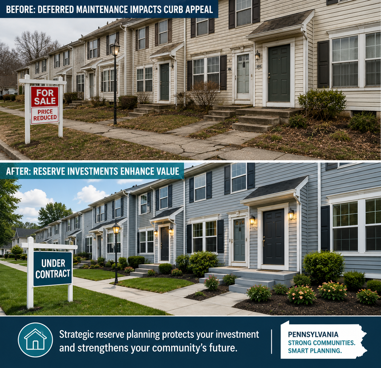 Before-and-after comparison image of a Pennsylvania townhome community illustrating the impact of reserve-funded improvements. The top panel shows aging townhomes with faded siding, cracked walkways, sparse landscaping, and a "For Sale – Price Reduced" sign, indicating deferred maintenance and reduced curb appeal. The bottom panel shows the same community after improvements, featuring freshly painted exteriors, repaved sidewalks, manicured landscaping, updated lighting, and an "Under Contract" sign, demonstrating enhanced property value and market appeal.