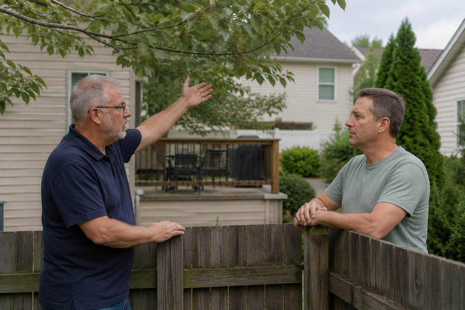 Two suburban neighbors standing on opposite sides of a backyard fence, calmly discussing an overhanging tree branch with respectful but slightly tense body language under soft overcast daylight.