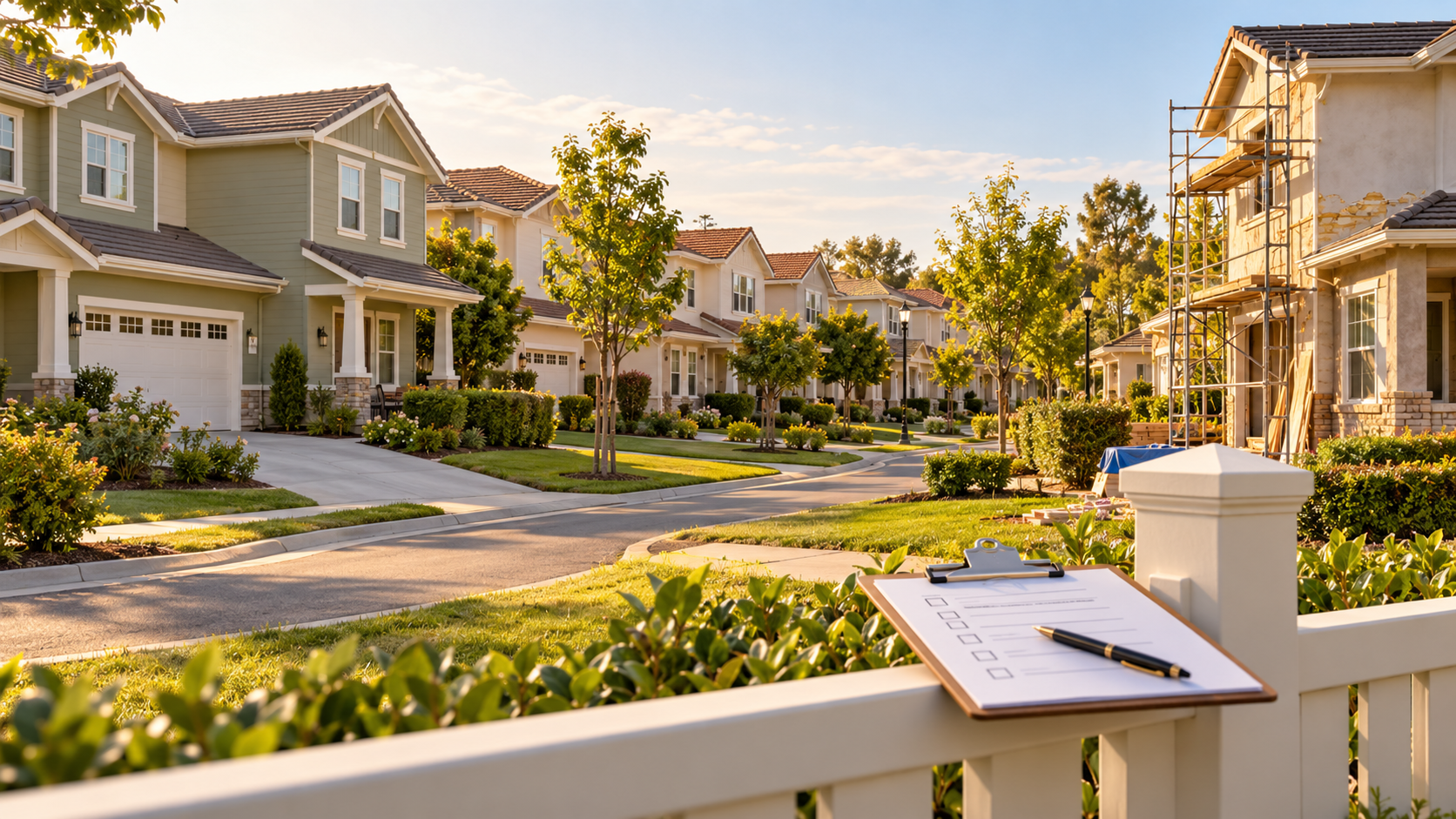 Well-maintained HOA neighborhood with manicured lawns, uniform homes, and one house undergoing renovation with scaffolding and a clipboard in the foreground.