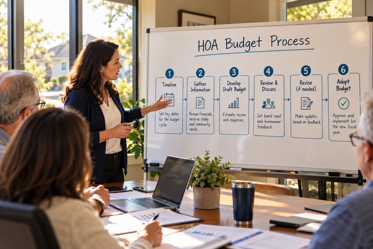 Volunteer HOA board member explaining a six-step budget process flowchart on a whiteboard, from setting a timeline to adopting the budget.