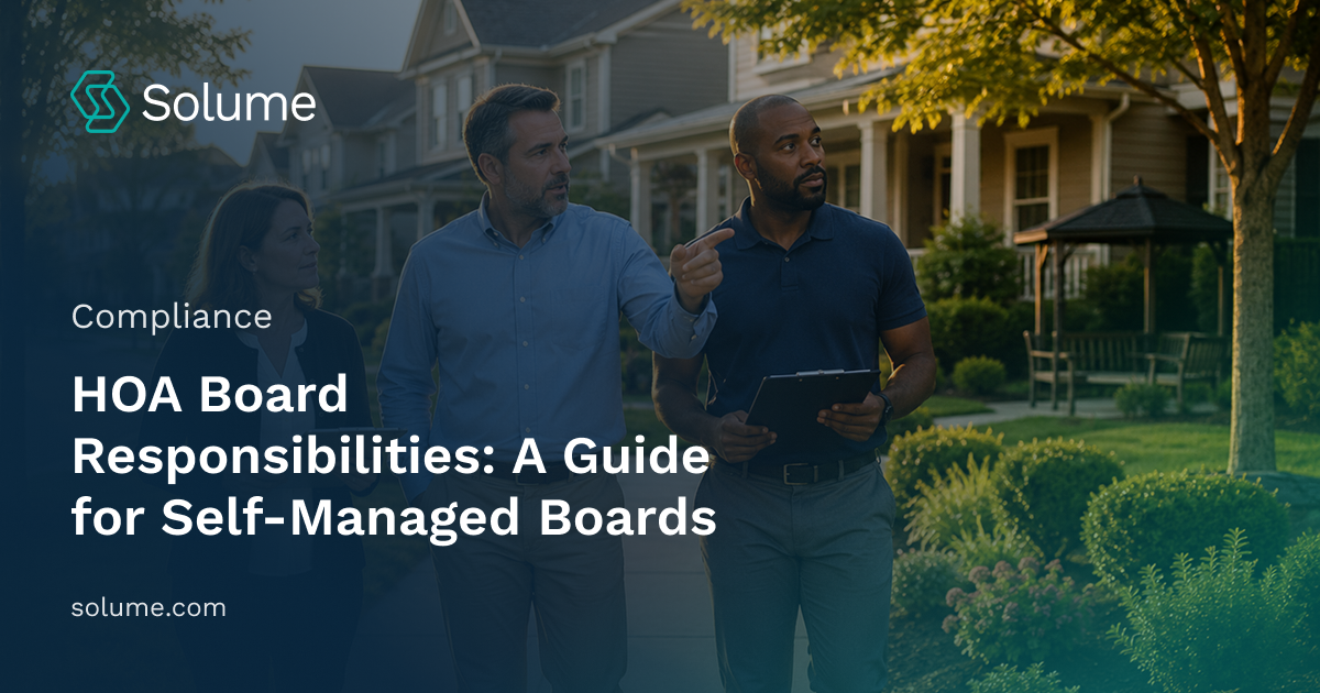Three HOA board members walk through a well-maintained residential neighborhood, using a tablet to inspect landscaping, sidewalks, and shared community amenities during a property walkthrough.
