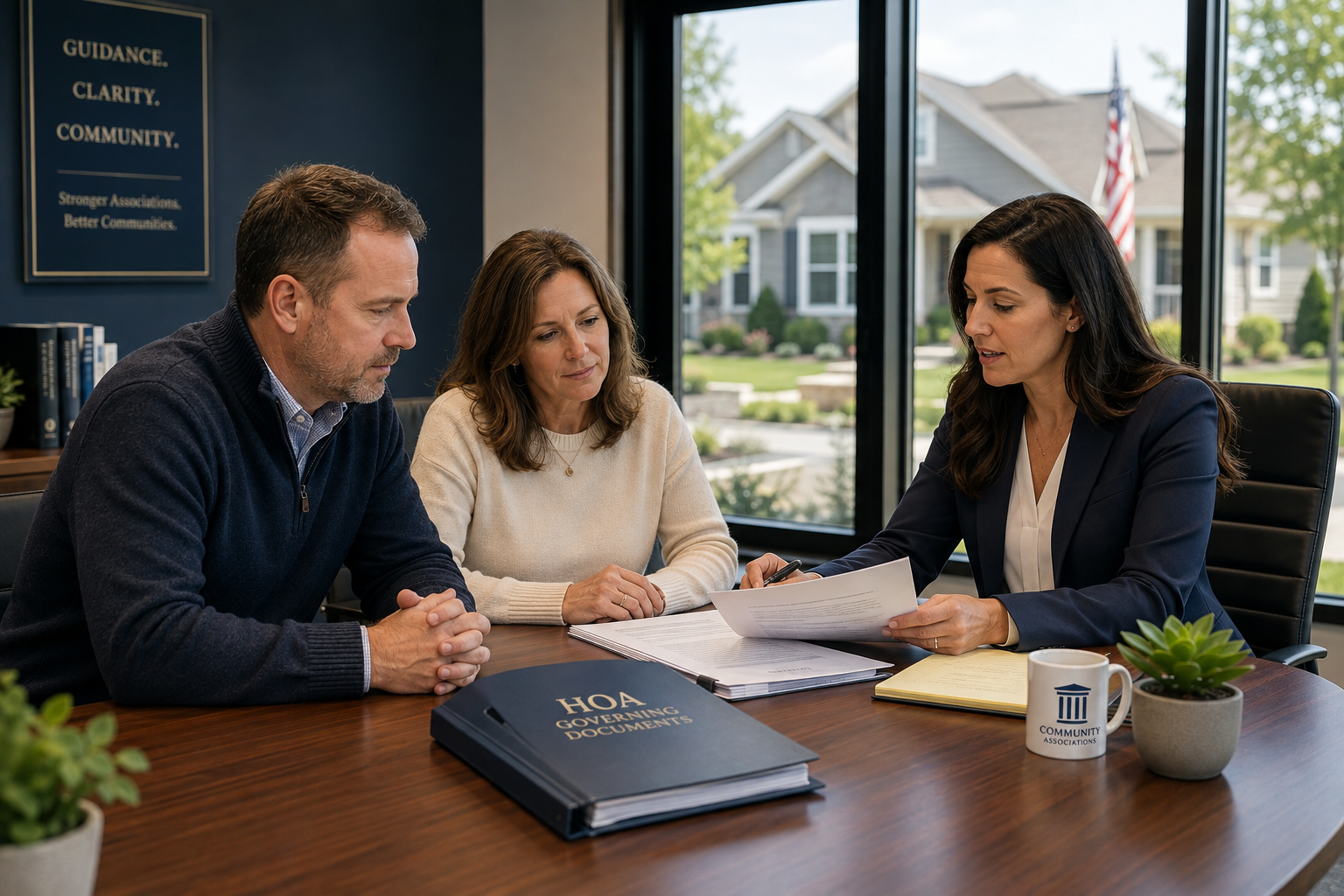 Community association attorney reviewing HOA governing documents with two volunteer board members in a modern office overlooking a suburban neighborhood.