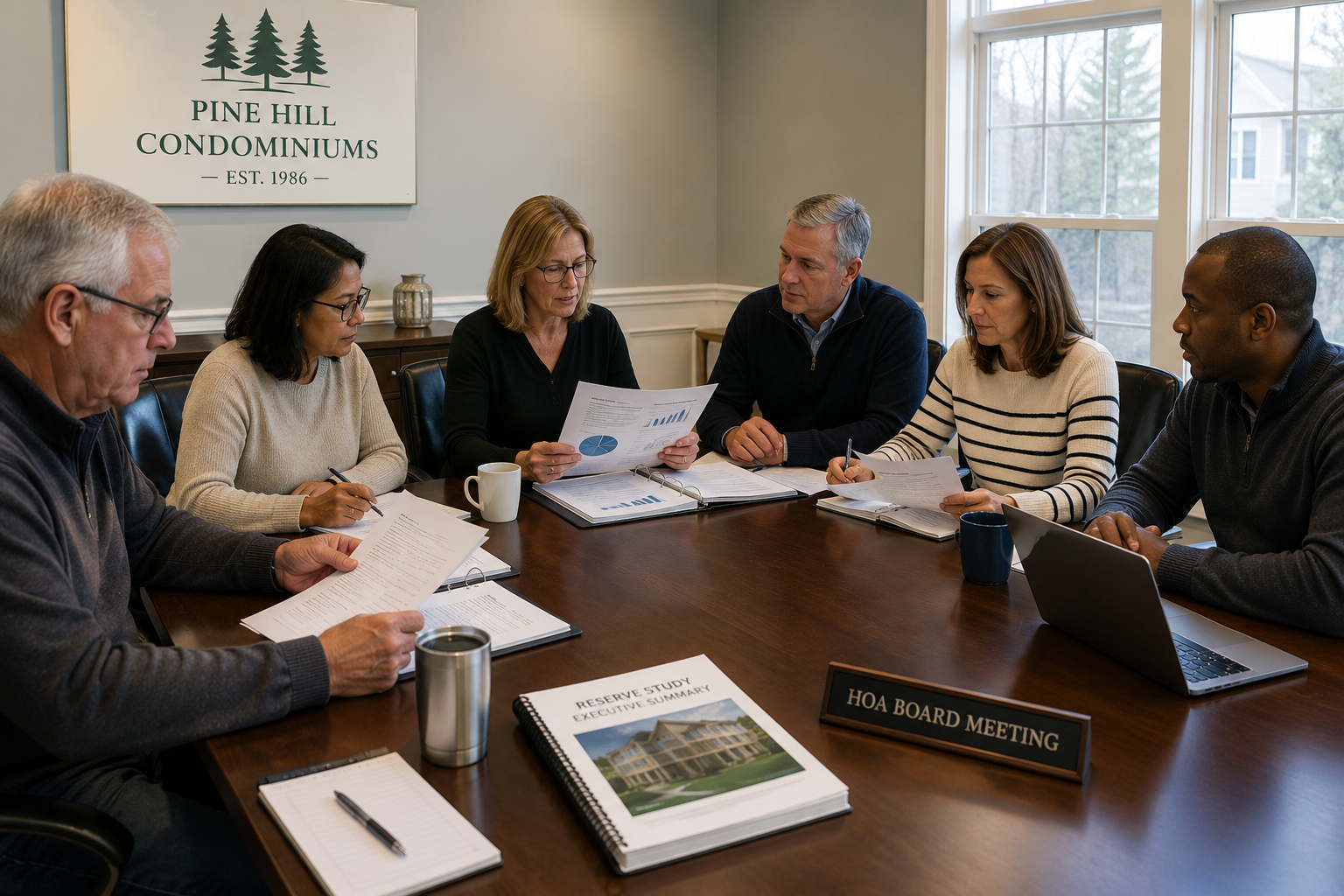 Massachusetts HOA board members meeting in a community clubhouse, reviewing reserve study reports, financial statements, and budgeting documents around a conference table. The diverse group of volunteers collaborates under natural window lighting in a professional meeting environment.