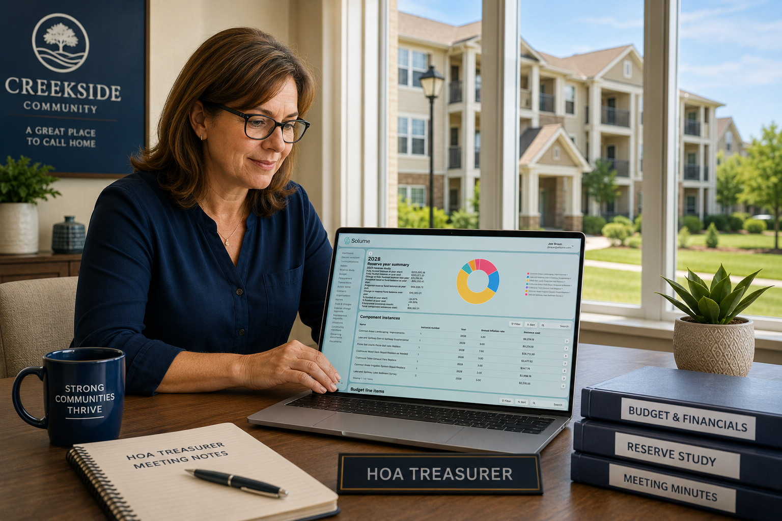 HOA treasurer reviewing a reserve study dashboard on a laptop in a bright community clubhouse, with a suburban condominium building visible through the window.