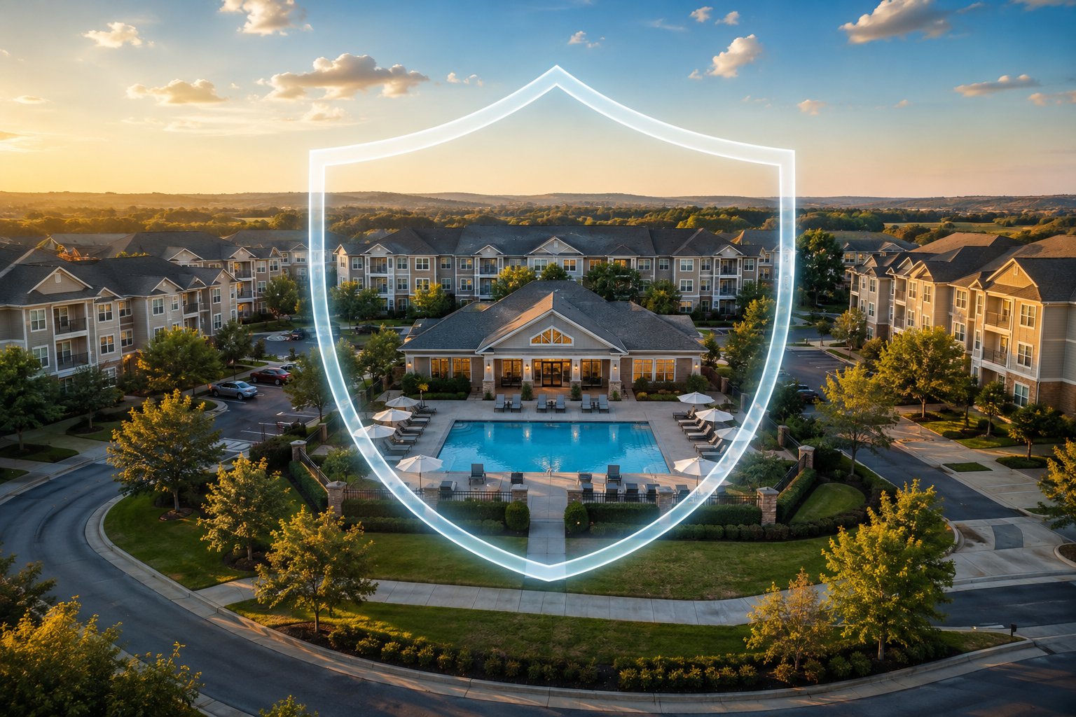 Aerial view of a well-maintained condominium community with a clubhouse, swimming pool, landscaped grounds, and a translucent shield overlay symbolizing protection and stability.
