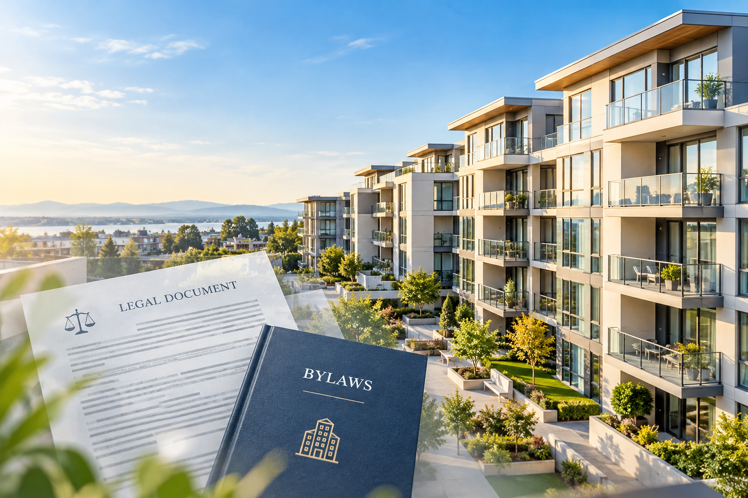 Modern condominium building with glass balconies and landscaped courtyards, overlaid with a legal document and bylaws booklet.